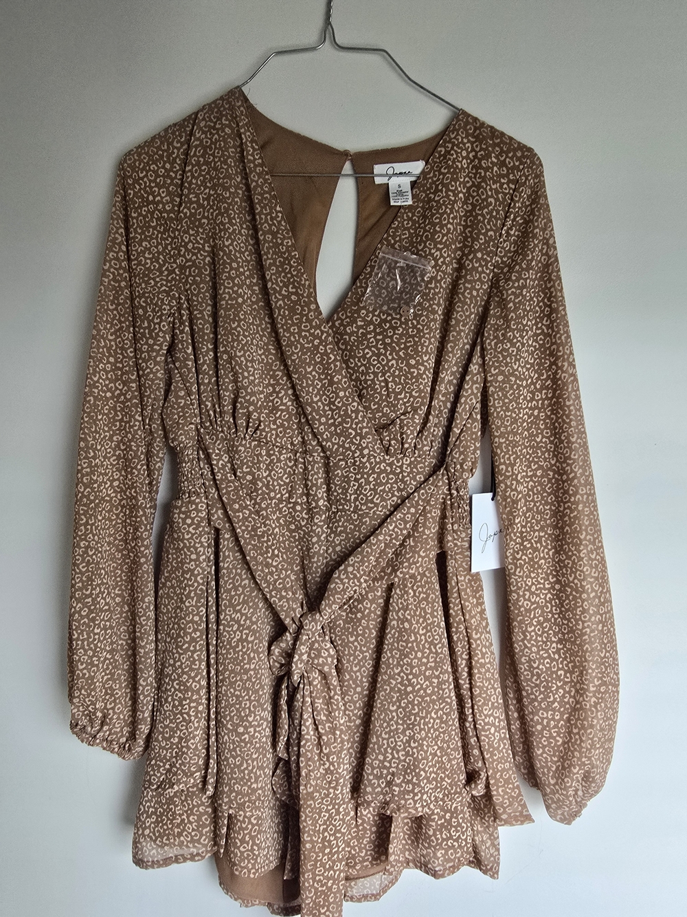 Joyfolie Tan Leopard Print Wrap Long-Sleeve Top